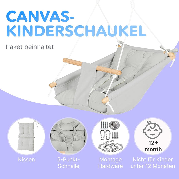 Leinwand Baby Hängematte Schaukel von Cateam - Grau - Hängende Schaukel aus Holz für Baby mit Sicher