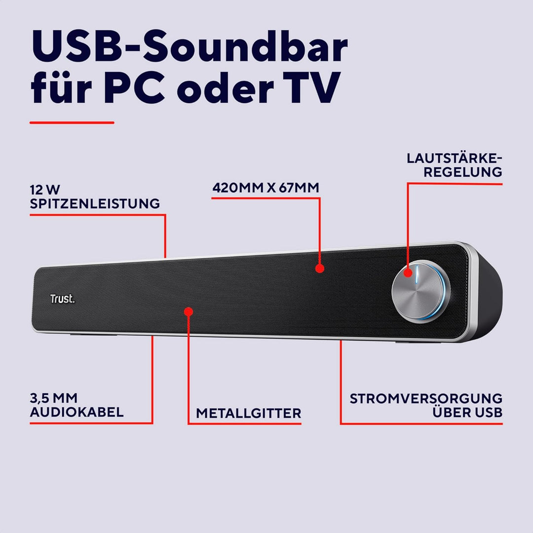 Trust Arys Soundbar, PC Lautsprecher, USB Betrieb, 12 W Spitzenleistung, 3,5 mm AUX Anschluss, Compu