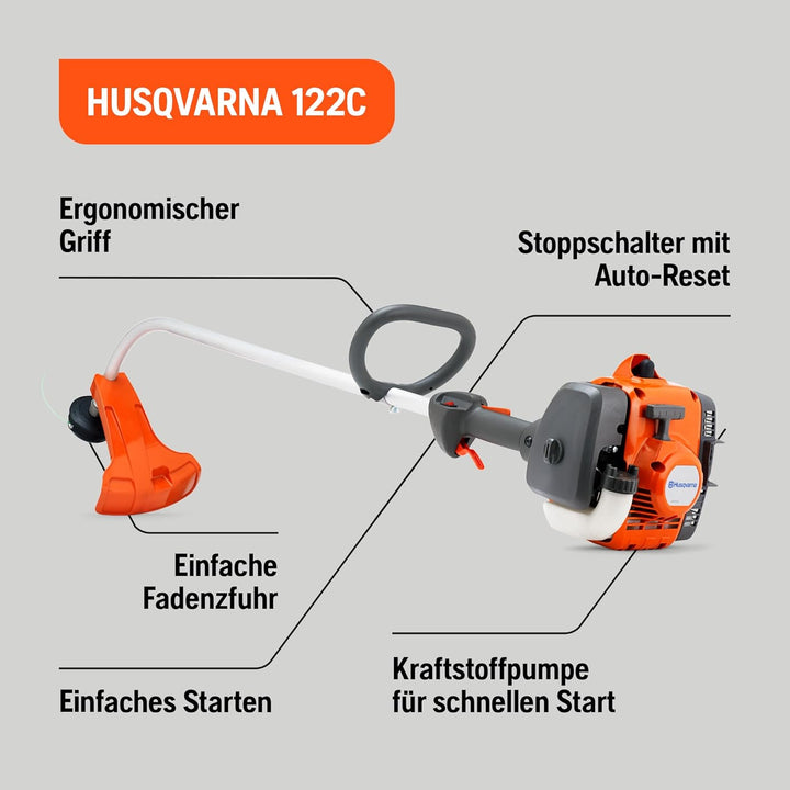 Husqvarna 122C Benzin-Rasentrimmer - mit 21,7cm³ 2-Takt-Motor, 43 cm Schnittbreite, gebogenem Schaft