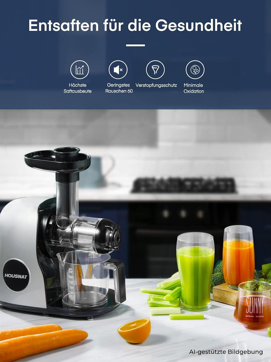 HOUSNAT Slow Juicer, Entsafter Gemüse und Obst, Profi Entsafter mit Ruhigem Motor │ Umkehrfunktion │