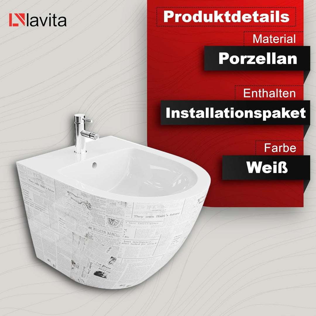 LAVITA Universal Wand-Bidet Sofi Paper mit Hahnloch und Überlaufschutz aus Keramik Sitzwaschbecken z