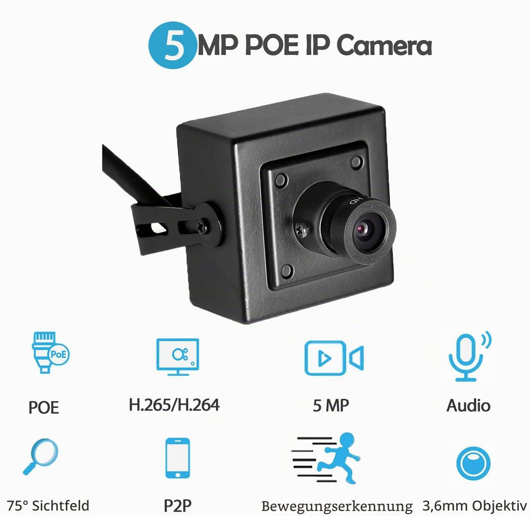 REVODATA 5MP Mini Sicherheits Innen POE IP Kamera mit Audio/Mikrofon, Audio Mini Grösse 3,6mm Objekt