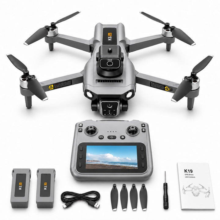 K19 GPS Drohne mit 4K Kamera, Fernbedienung mit Live-Display, 600m Reichweite, 360° Hindernisvermeid