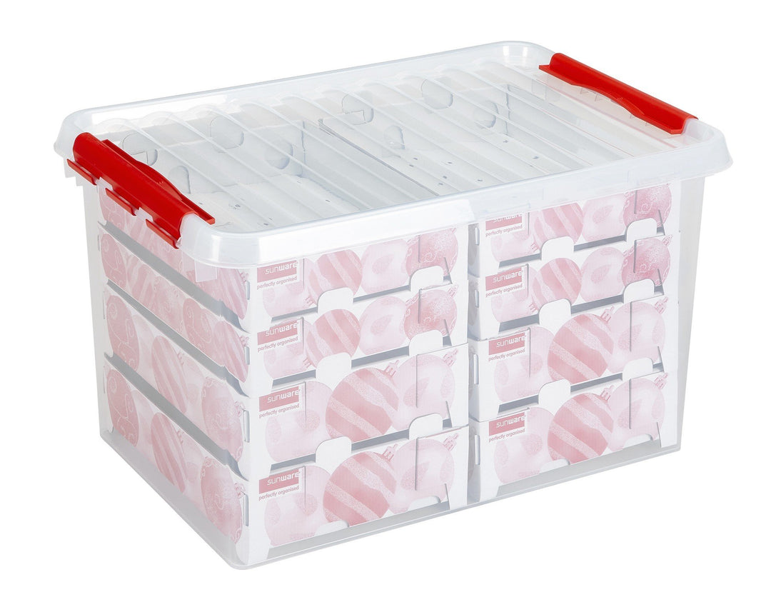 Sunware Q-Reihe Box für Weihnachtsdekoration mit Ablagen für 116 Kugeln, transparent/rot, Einheitsgr