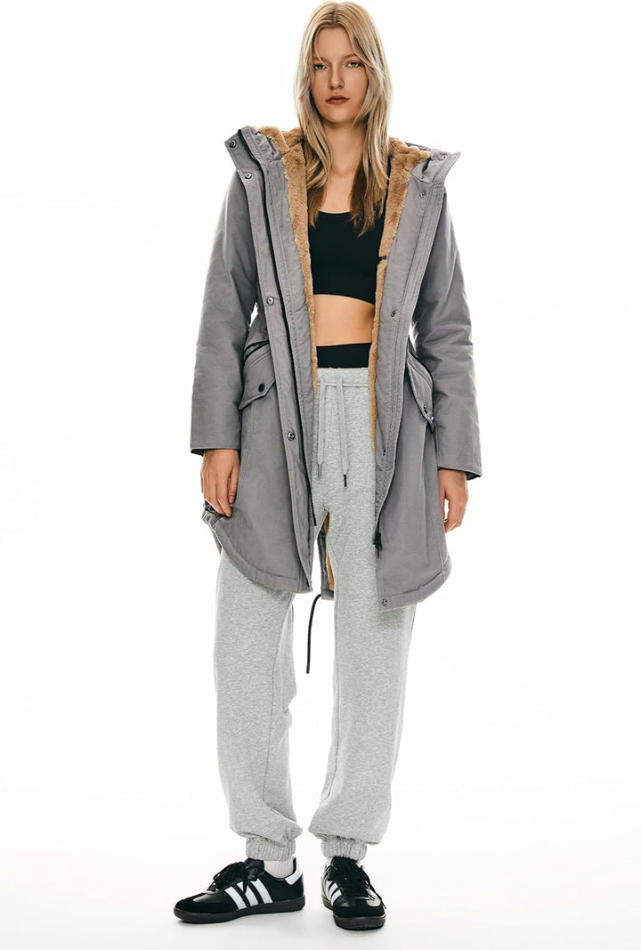 Orolay Damen Kapuzen Fleece Gefüttert Parka-Mantel Mittlere Länge Winter Draussen Gepolstert Jacke X