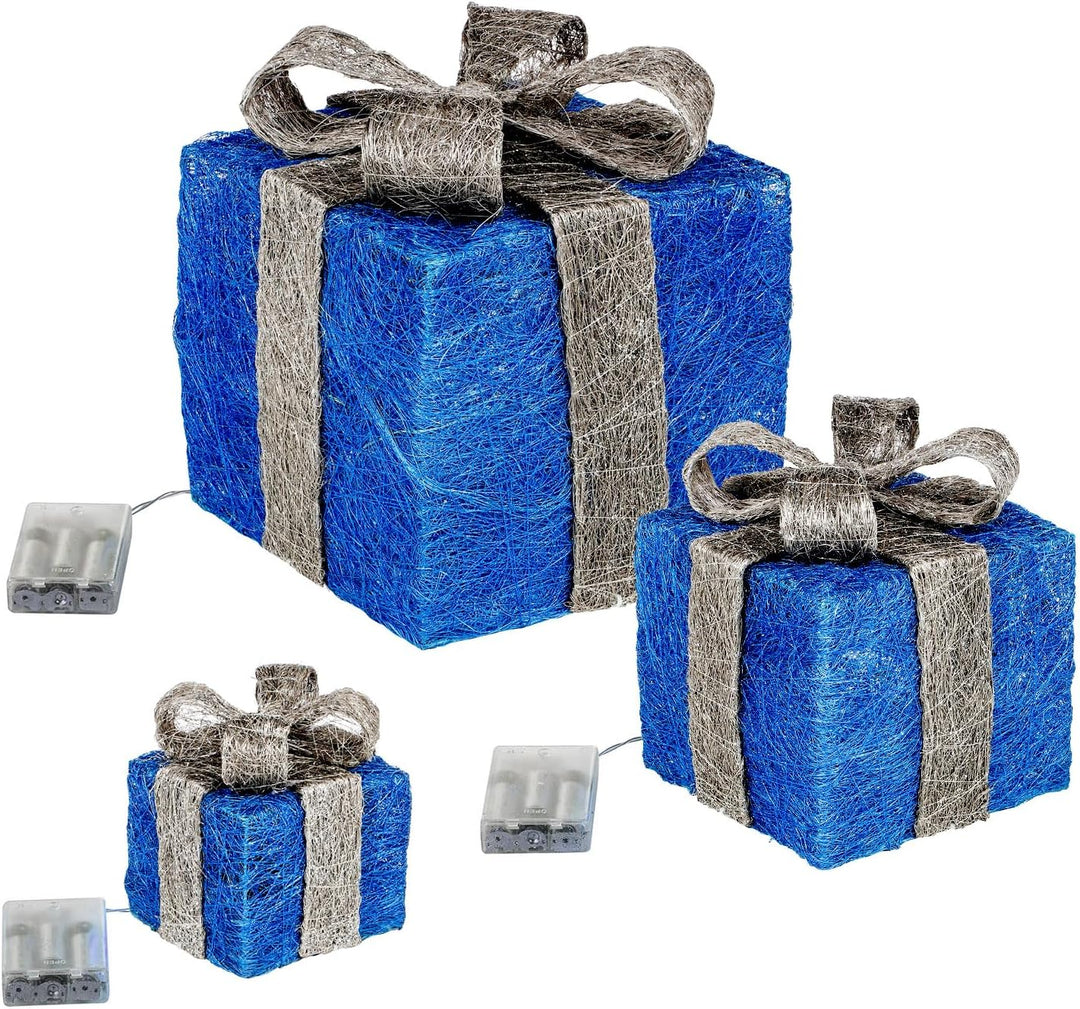 LED Geschenkboxen mit Timer 3er Set - BLAU - Weihnachts Dekoboxen warm weiss beleuchtet - Weihnachte