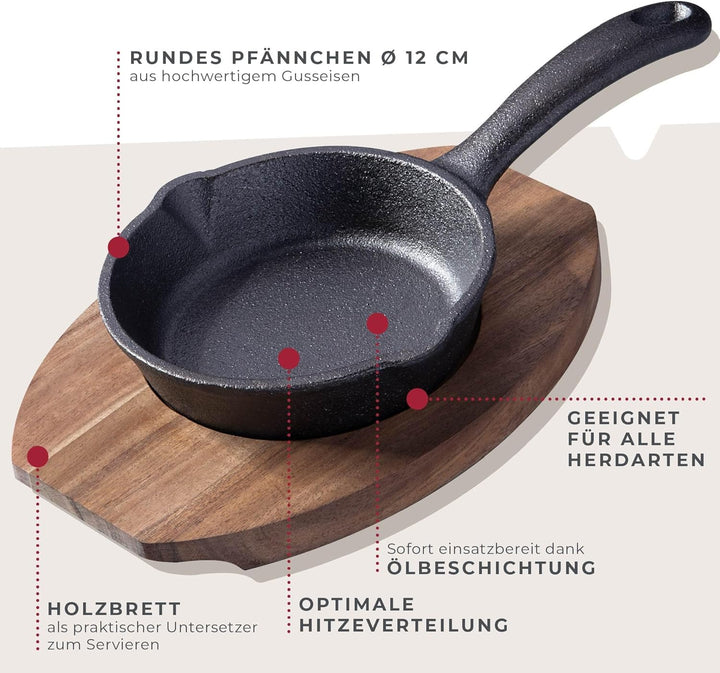 FACKELMANN Pfännchen aus Gusseisen mit praktischem Holzuntersetzer – Runde Grillpfännchen aus Guss p