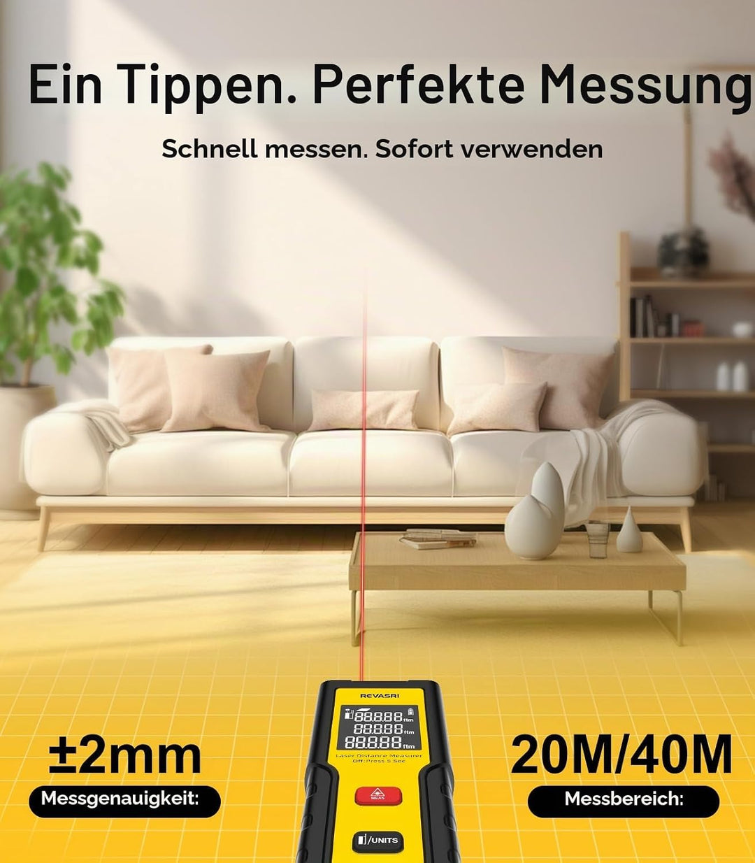 Laser Entfernungsmesser | REVASRI Digital Entfernungsmesser | Einfache Bedienung|Reichweite 50m | Mi