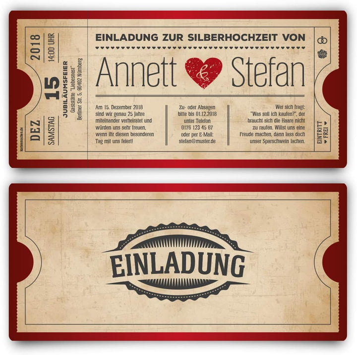 10 x Silberhochzeit Hochzeitseinladungen silberne Hochzeit Einladungskarten individuell - Vintage He