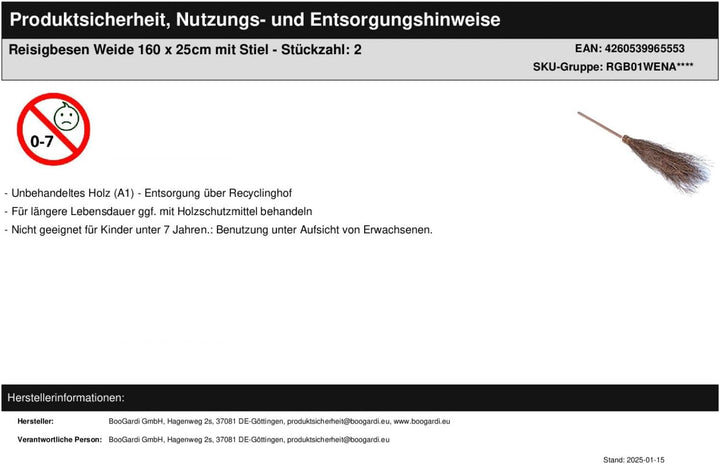 BOOGARDI 2X Reisigbesen Birke 160 x 25 cm mit Stiel · Hexenbesen · Kehrbesen aus Birkenreisig · ergo