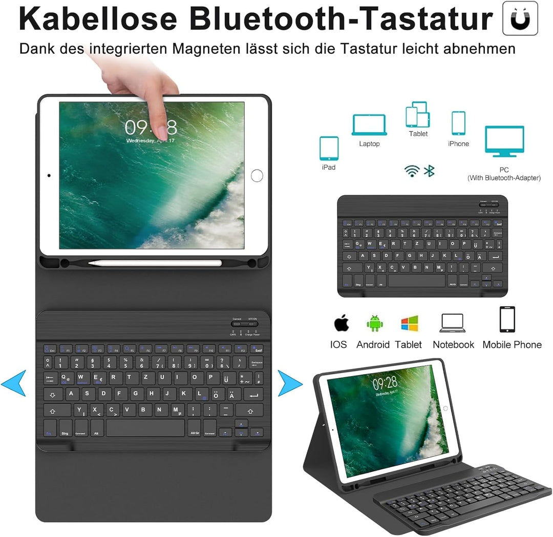 IVEOPPE Hülle mit Tastatur für iPad 6. Generation 9.7 Zoll, Magnetisch Abnehmbarer QWERTZ Bluetooth