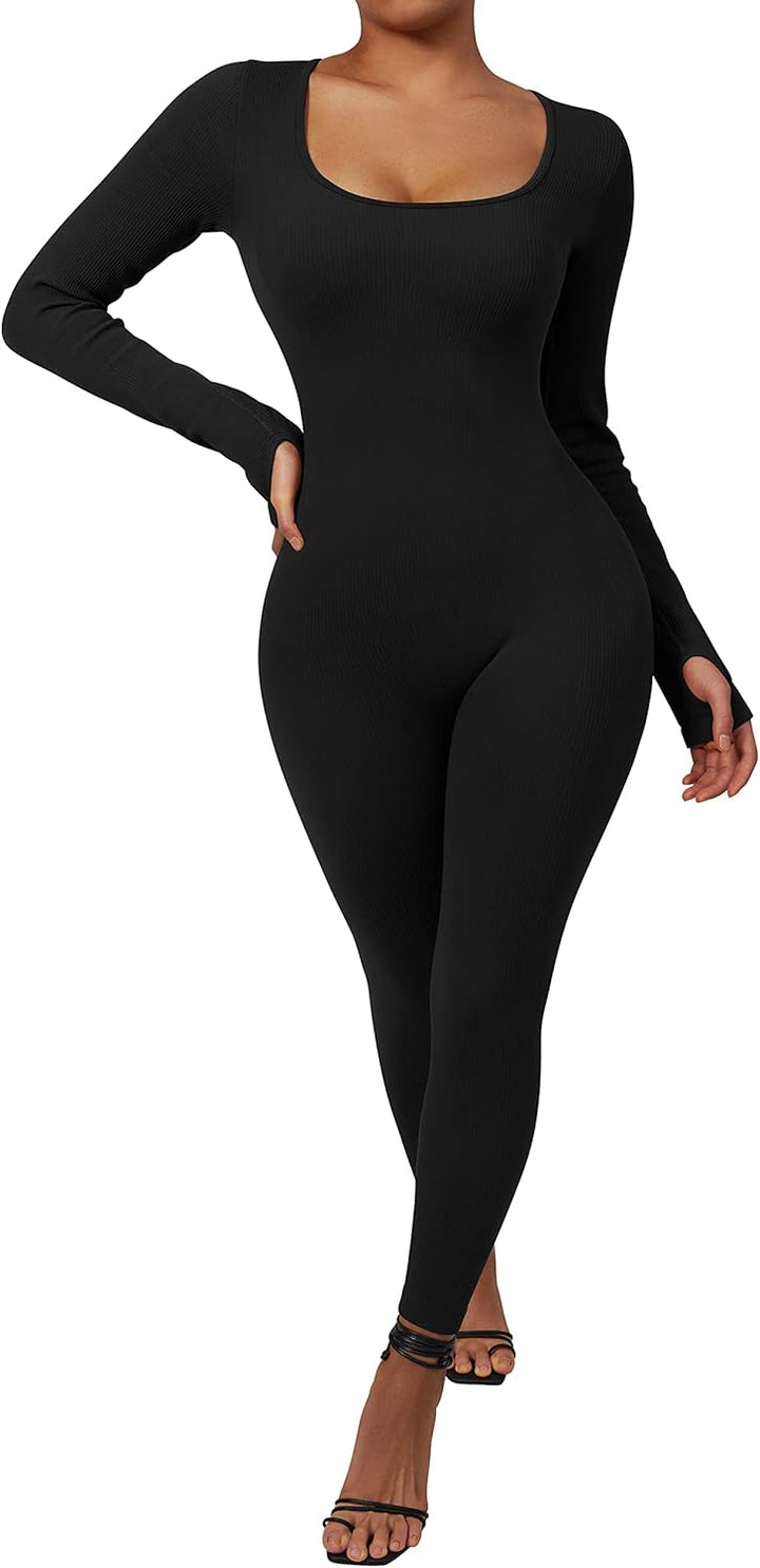 RXRXCOCO Gerippte Langarm Jumpsuits Damen Eng Square Neck Einteiler Bauchweg Sport Yoga Overall Romp