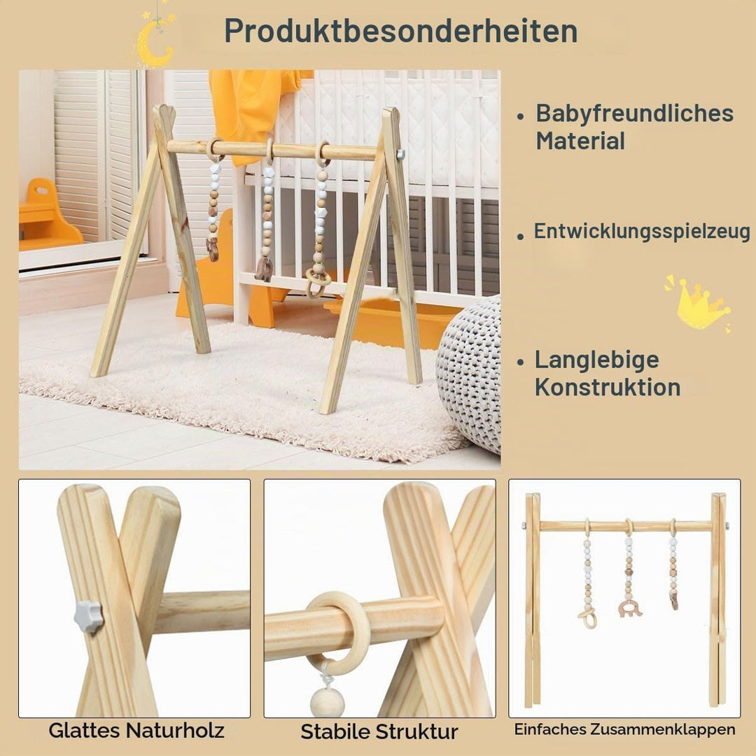 LIFEZEAL Spieltrapez, Spielbogen Baby Holz, Babyspielgerät mit 3 Spielzeugen, Holzspielzeug baby, Ba