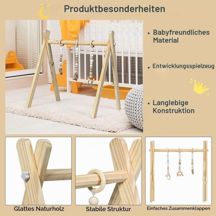 LIFEZEAL Spieltrapez, Spielbogen Baby Holz, Babyspielgerät mit 3 Spielzeugen, Holzspielzeug baby, Ba