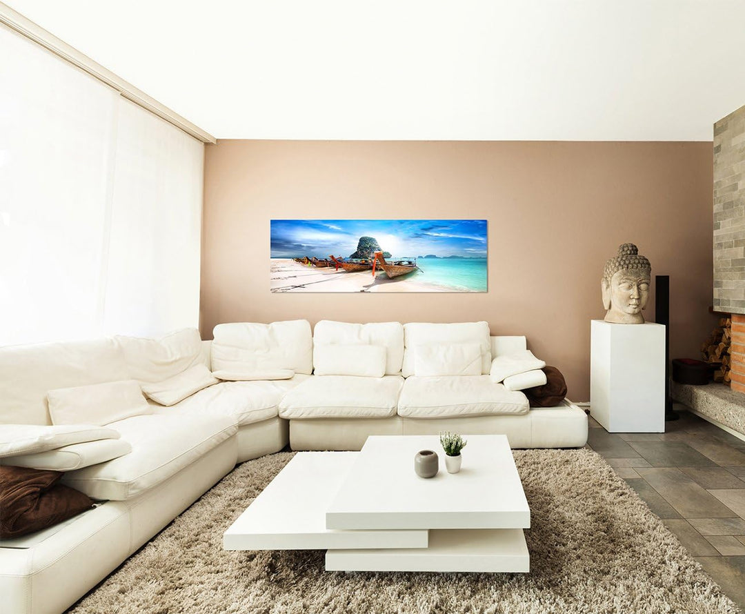 Paul Sinus Art Panoramabild auf Leinwand und Keilrahmen 150x50cm Sandstrand Meer Boote Felsen Himmel
