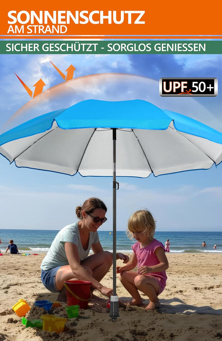 4smile Sonnenschirm Strand SunnyJoy 3-IN-1-SET, Fb. Blau - Strandschirm Ø 200 cm + Bodenhülse + Schu