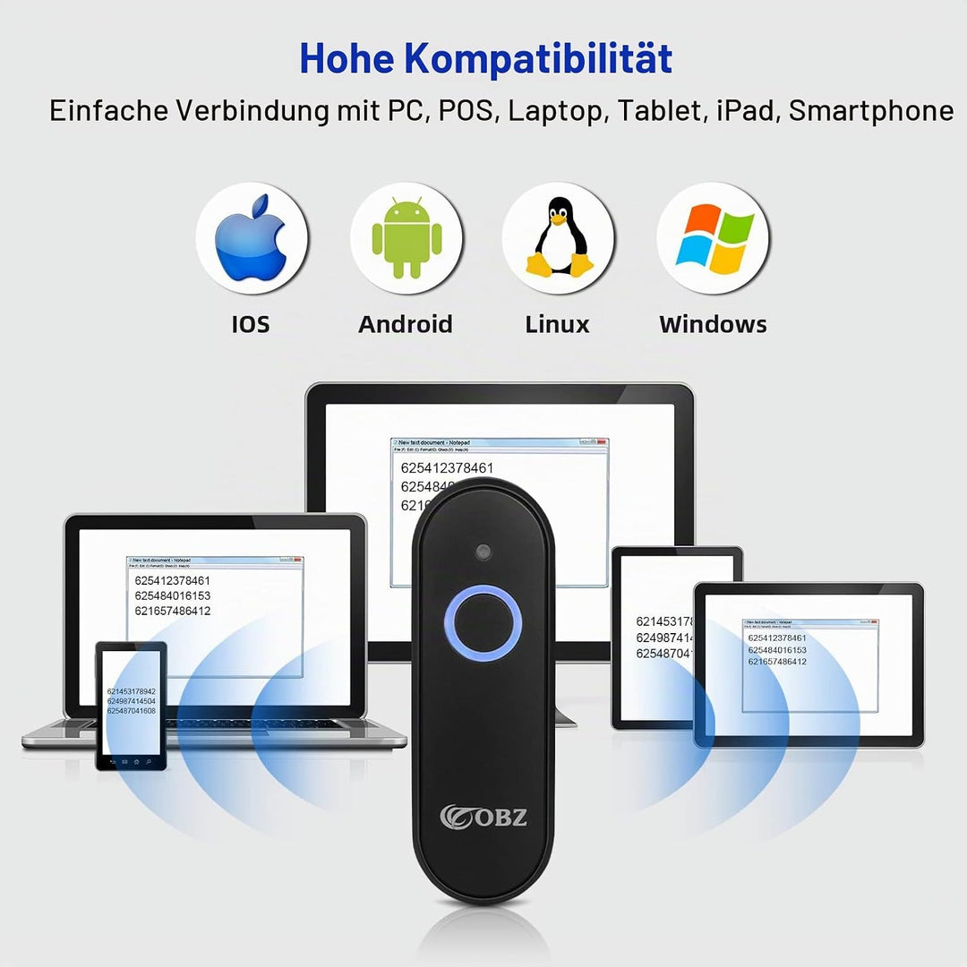 OBZ Mini 2D Barcode Scanner Bluetooth, Barcode Scanner Kabellos 3 in 1 USB &amp; Bluetooth &amp; 2.4G Wirele