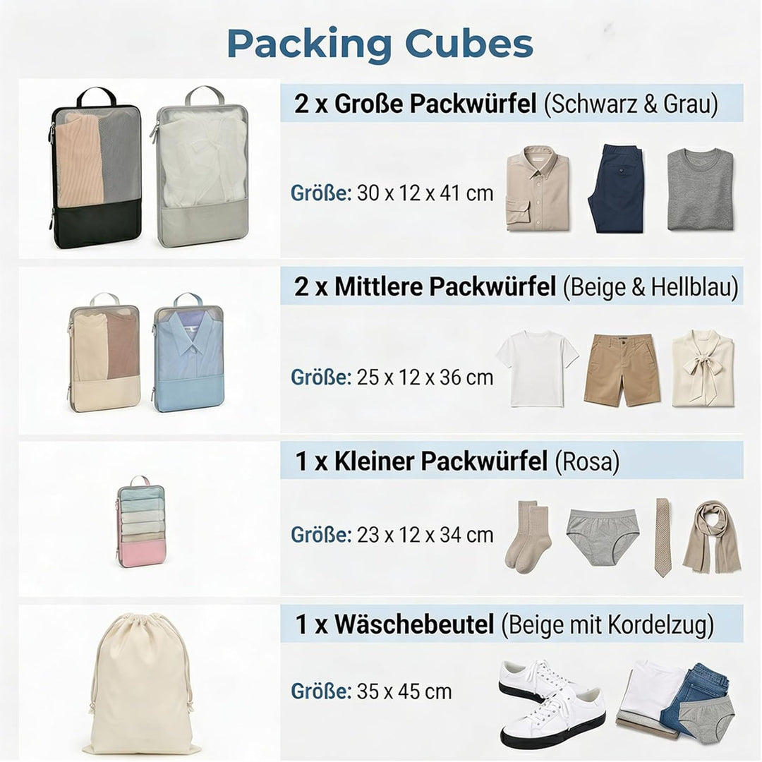 Koffer Organizer, 6er Set Multicolor Packing Cubes Kompression mit Langgriff, Packwürfel für Reise B