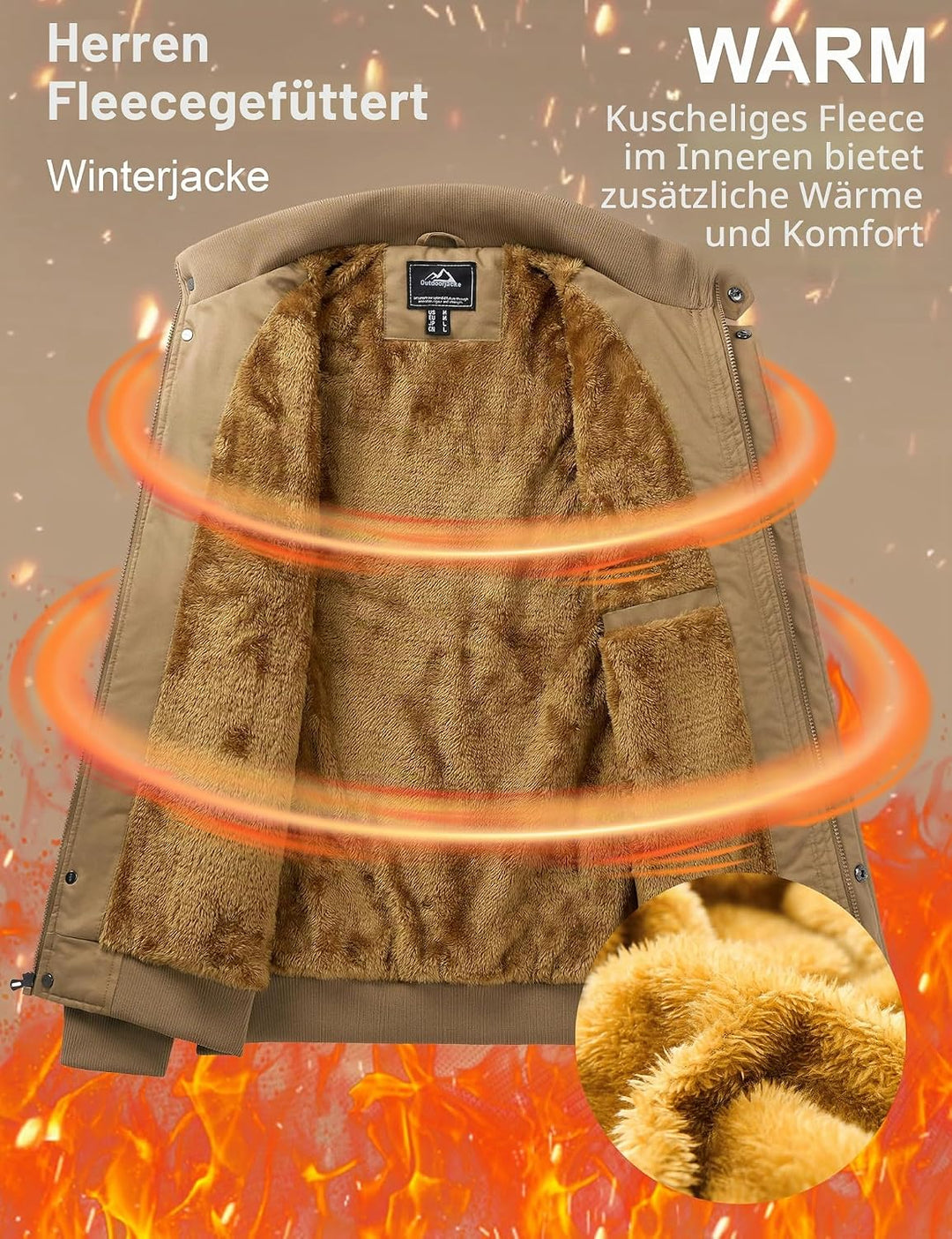 MAGCOMSEN Winterjacke Herren Warm Gefüttert Fleecejacke Cargo Casual Übergangsjacke Baumwolle Army J