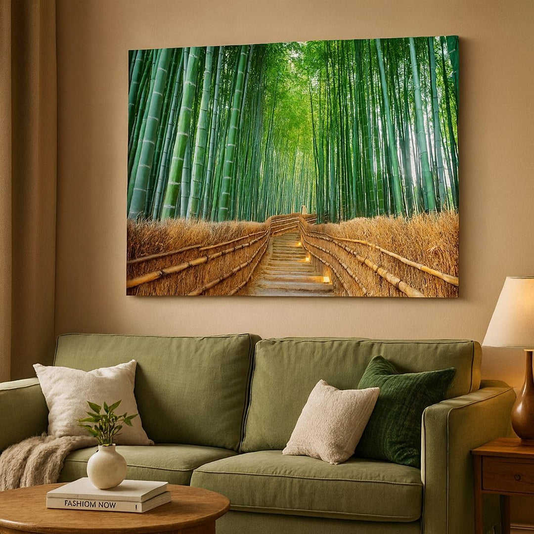 Bilder auf Leinwand 100x70cm Leinwandbild mit Rahmen Bambus Pflanze Gross Wanddeko Bild Schlafzimmer