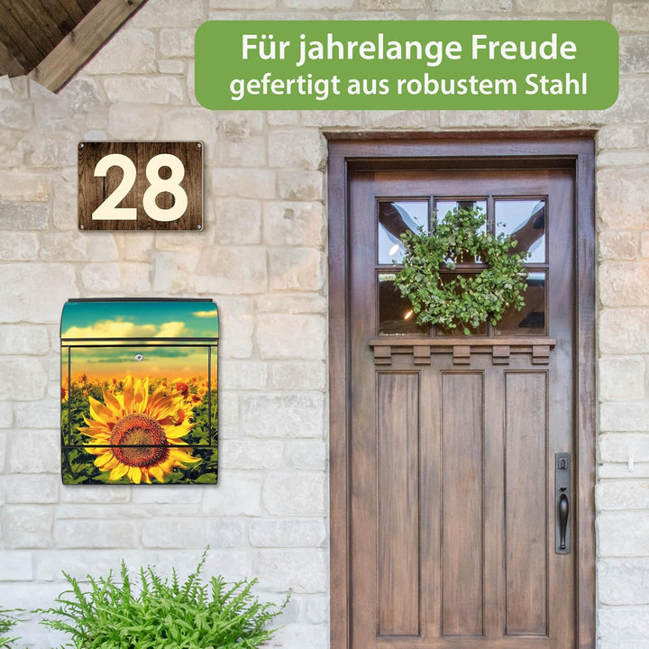 banjado® Design Briefkasten mit Motiv Sonnenblumen 39x47x14cm &amp; 2 Schlüssel - Briefkasten Stahl schw