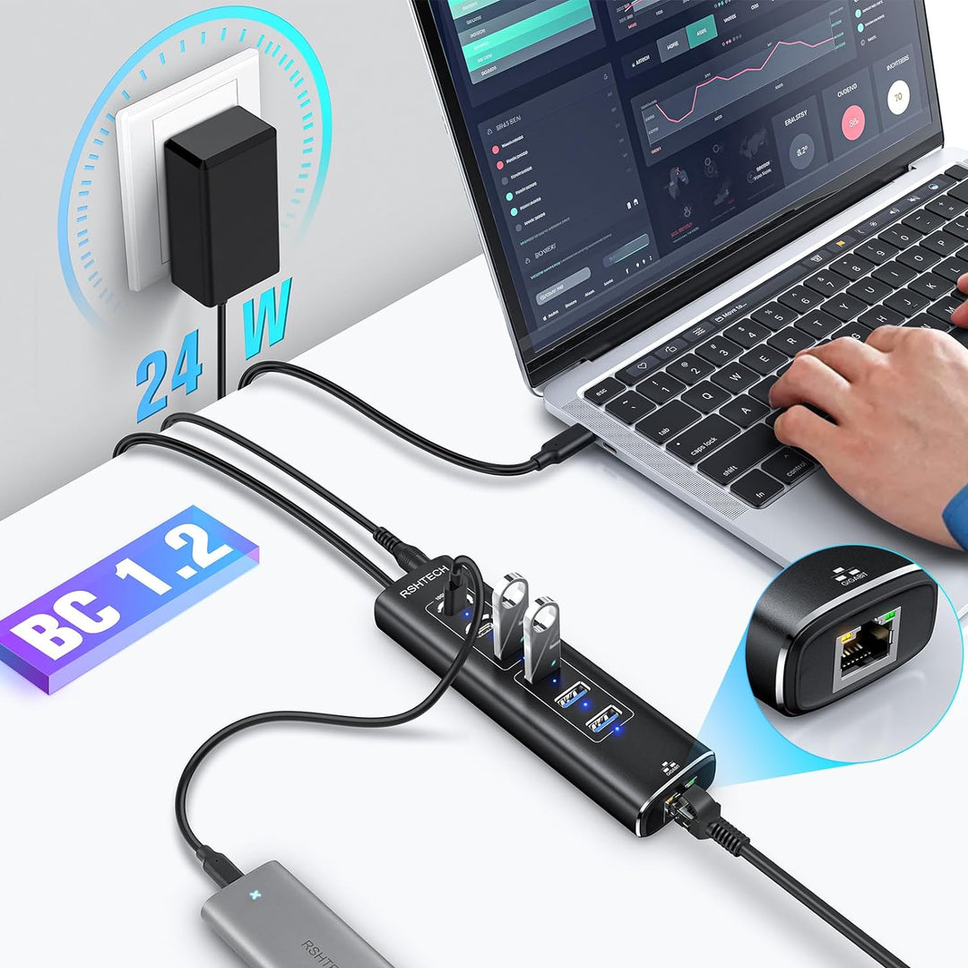 USB C 3.1 Hub Aktiv mit Netzteil, RSHTECH 7-in-1 USB C 3.2 Hub mit Ethernet Adapter, 3*10Gbps USB 3.