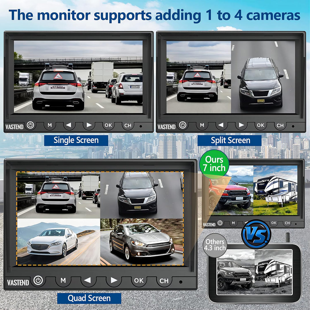 VASTEND V01 Kabellos Rückfahrkamera Set HD 1080P 7'' Monitor & IP69 wasserdichte Backup Kamera Stabi