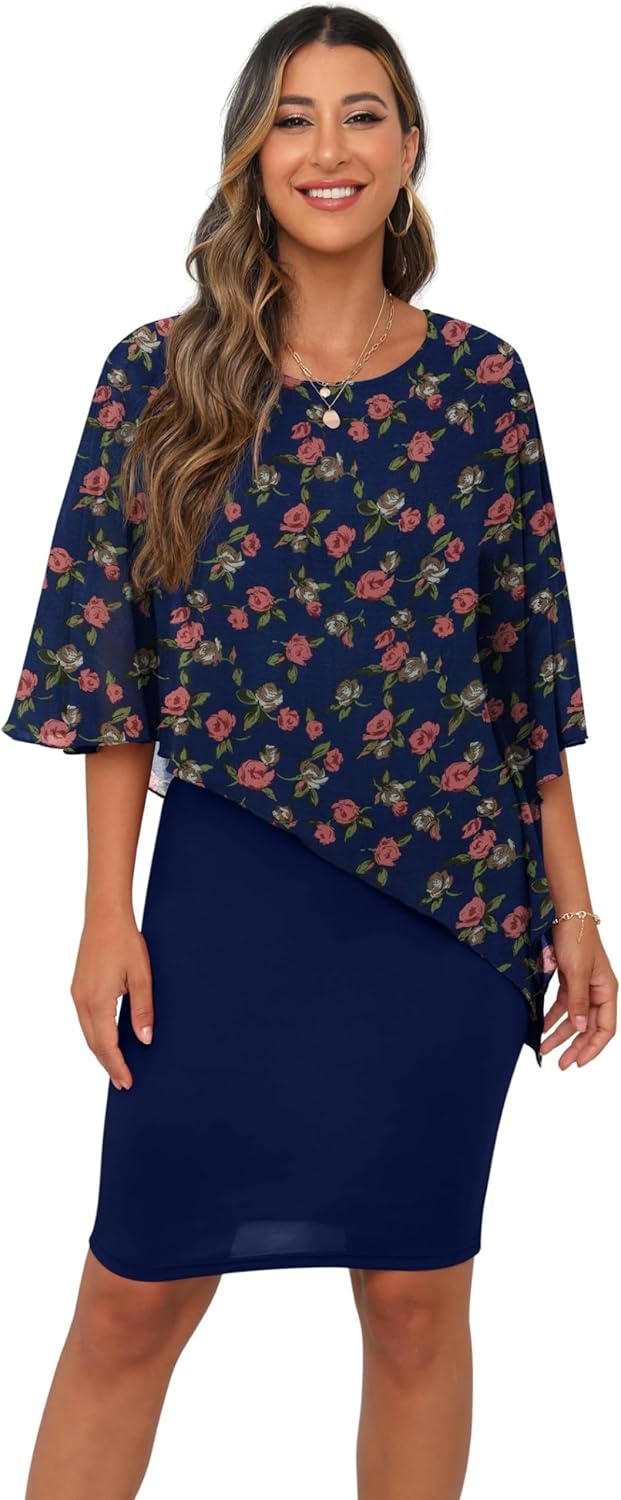 QIXING Damen Chiffon Cape Cocktialkleid Rundhals Ausschnitt Bleistiftkleid Sommerkleid Damen Knielan