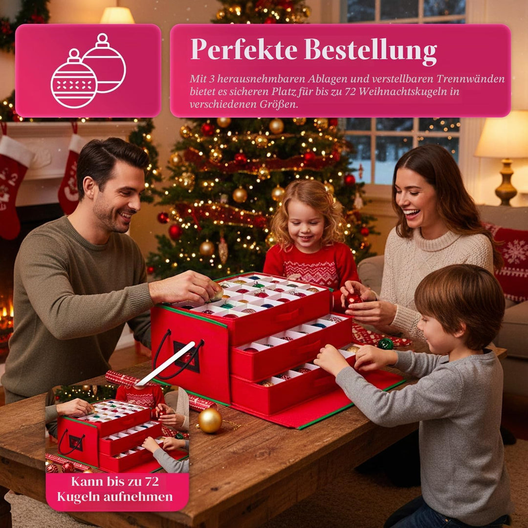 Wintem Aufbewahrungsbox für Weihnachtsschmuck mit 3 ausziehbaren Schubladen für 72 Weihnachtskugeln,