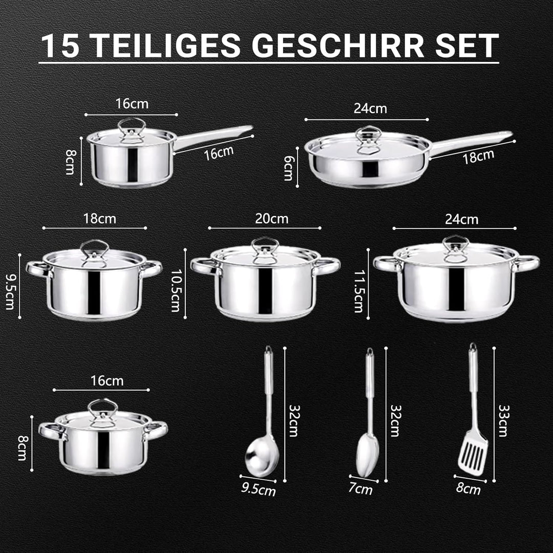 Topfset 15 Teilig Induktionsgeeignetes Edelstahl: 5-7 Personen Kochtopfset Lebensmittelqualität PFAS