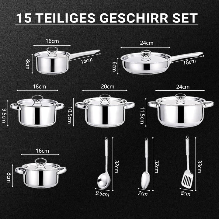Topfset 15 Teilig Induktionsgeeignetes Edelstahl: 5-7 Personen Kochtopfset Lebensmittelqualität PFAS