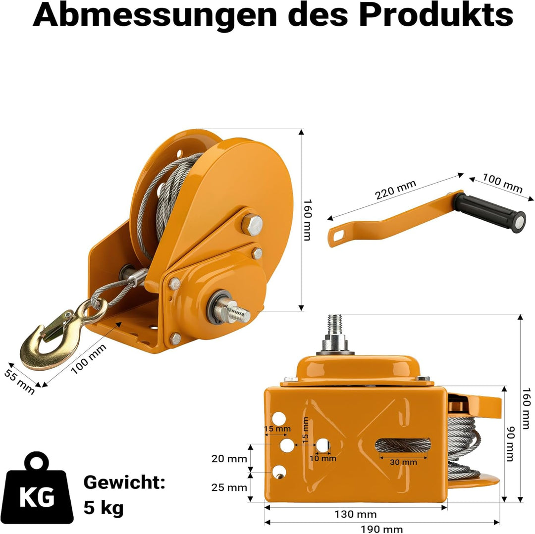 Handseilwinde bis 540kg 10m Drahtseil 4,2:1 Seilwinde Greifzug Handseilzug Forstseilwinde