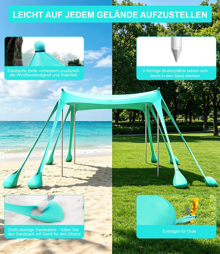 UV Strandzelt UPF50+, 3m x 3m Strandzelt Sonnenschutz Sonnensegel mit 8 Sandsäcken und 2 Sandschaufe