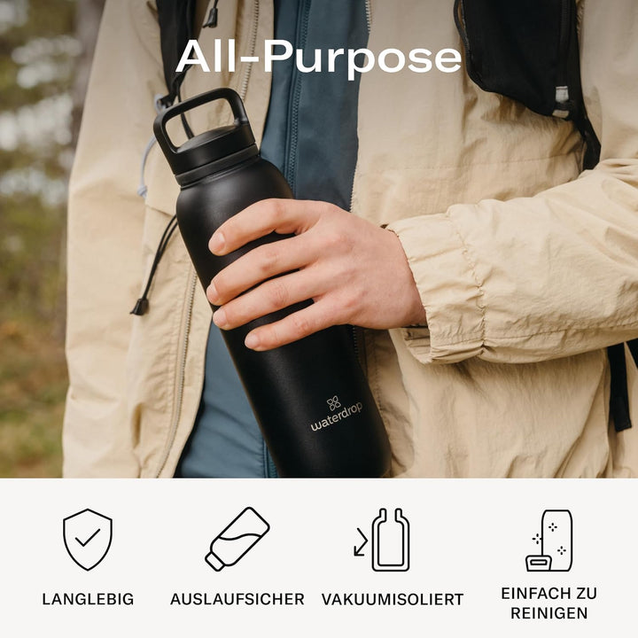 waterdrop® All Purpose Thermosflasche 1L. isolierte Edelstahl Trinkflasche. 24h kalt - 6h/12h heiss.