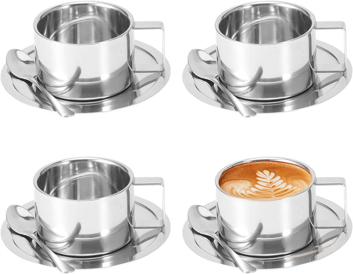 4 Stück Edelstahl Kaffeetassen Set 200ml Doppelwandig Kaffeetassen Metall Espresso Tasse Espressotas