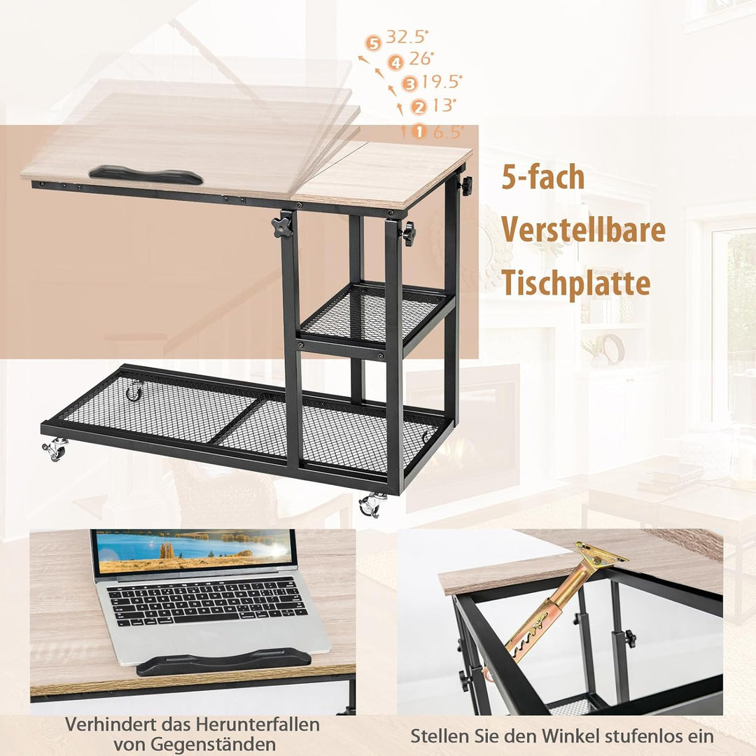 COSTWAY Laptoptisch mit höhen- und neigungsverstellbar, 3 Ebenen Beistelltisch, C-förmiger Sofatisch