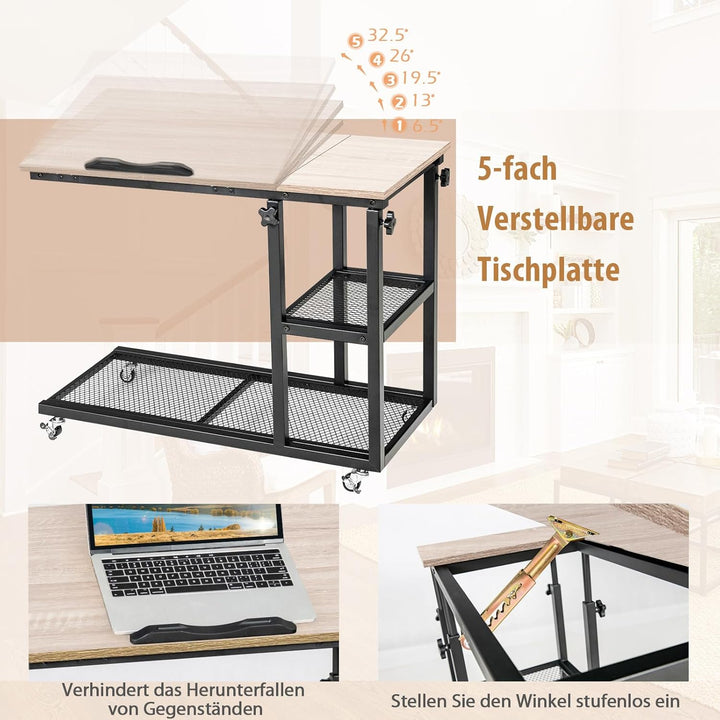 COSTWAY Laptoptisch mit höhen- und neigungsverstellbar, 3 Ebenen Beistelltisch, C-förmiger Sofatisch