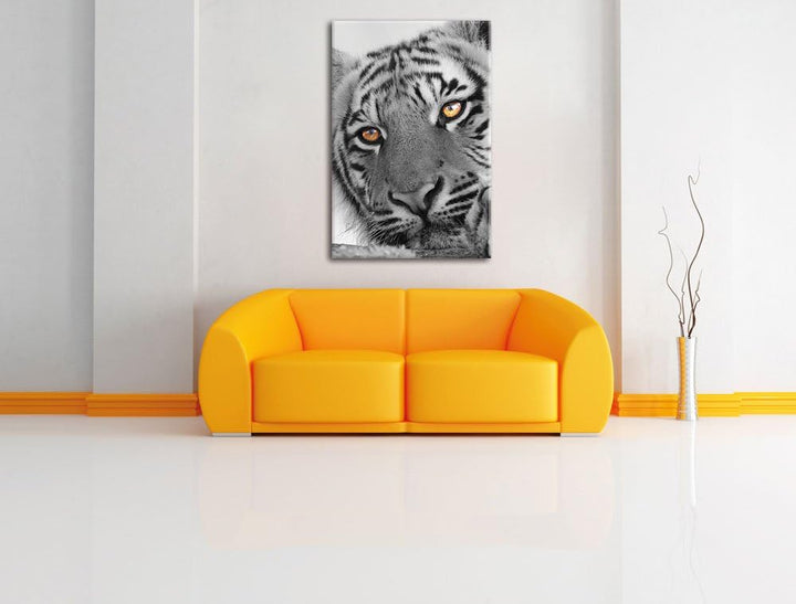 Pixxprint entspannter Tiger schwarz/weiss als Leinwandbild/Grösse: 100x70 cm/Wandbild/Kunstdruck/fer