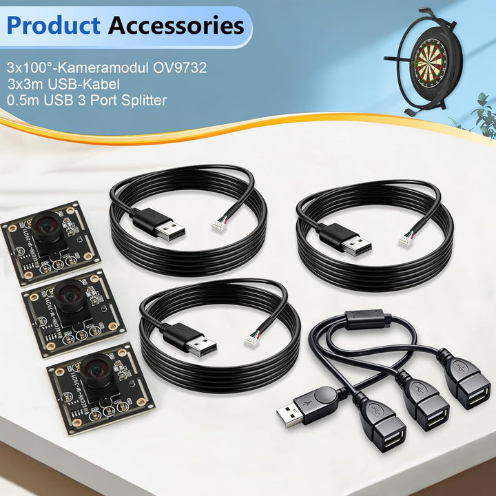 OV9732 Kameramodul 100°3er-Set mit USB 1-zu-3 Splitter,3m Kabel,1280x720 HD,30fps,Weitwinkel hohe Bi
