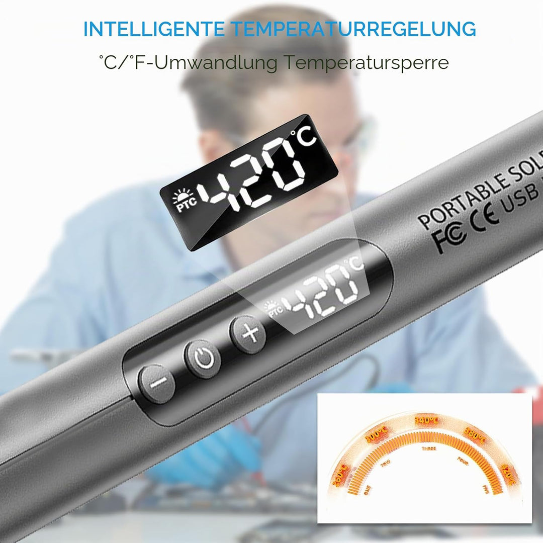 Hengrongshen Lötkolben Set, Lötkolben Akku mit LED Anzeige, 3 Lötspitzen, Tragbarer Soldering Iron,