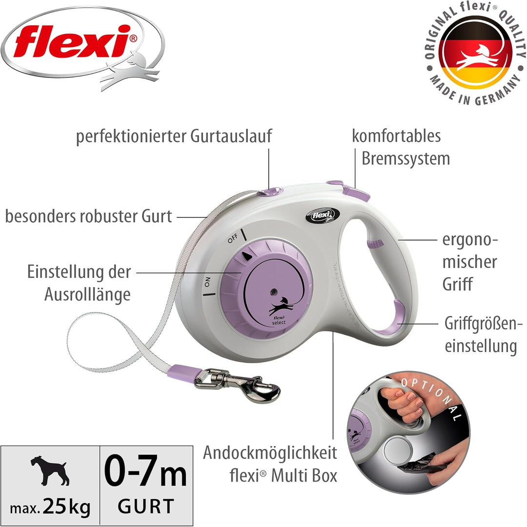 flexi® Select Gurt 7 m hellgrau-lila, zwischen 0-7 m einstellbare Roll-Leine für Hunde bis 25 kg hel