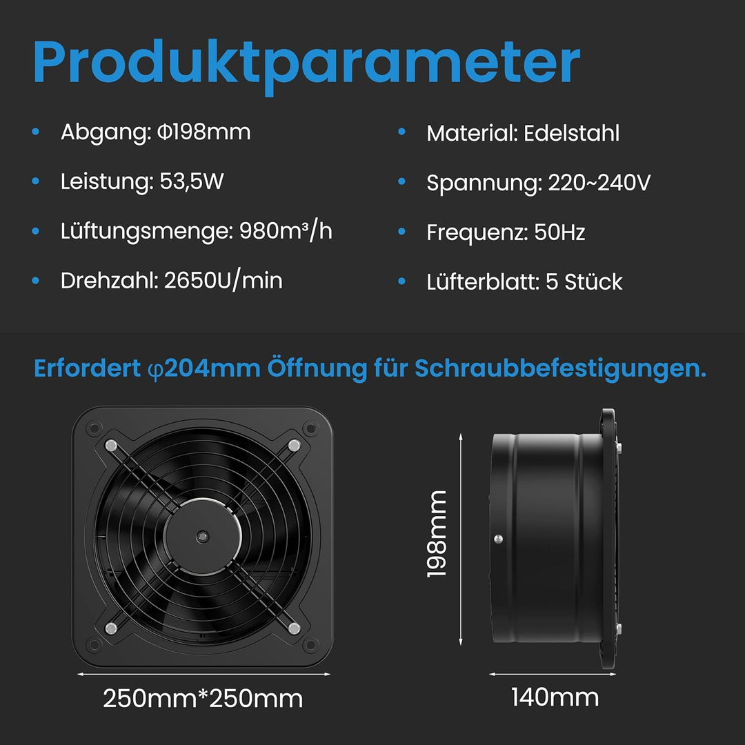 Hon&Guan Industriell Abluftventilator 200mm mit Schalter, Badlüfter Metal Leise mit Rücklaufklappe E