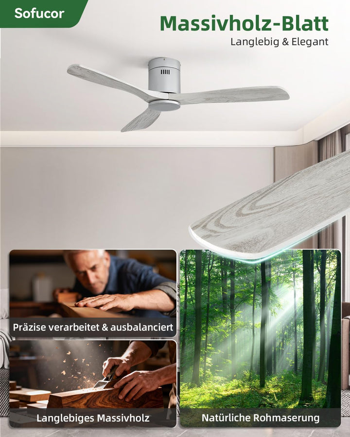 Sofucor Deckenventilator mit Fernbedienung, Deckenventilator aus Massivholz mit 3 Holzlüfterblätter,