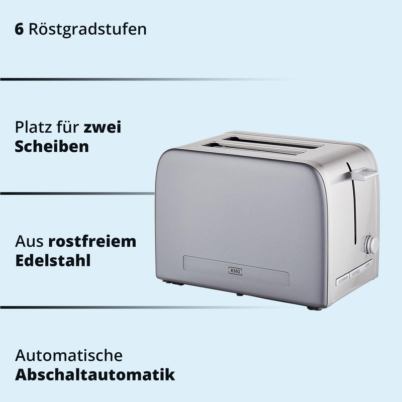 KHG Frühstücksset Wasserkocher & Toaster, Skandi Look Grau Edelstahl, 1,7 Liter & 2 Toast Scheiben,