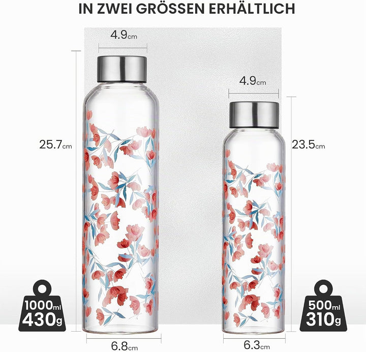 Autsel 500ml Glasflasche Trinkflasche Glas Sport Borosilikat Glass Bottle Wasser Flasche mit Neopren