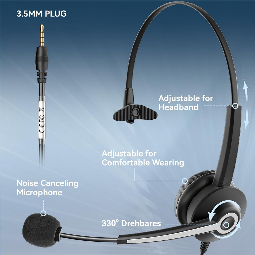 Wantek 3,5mm PC Headset mit Mikrofon Noise Cancelling, Telefon Headset, Kopfhörer Handy Klinke für L