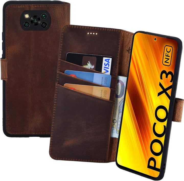 Suncase Book-Style Hülle kompatibel mit Xiaomi Poco X3 NFC Leder Tasche (Slim-Fit) Lederhülle Handyt