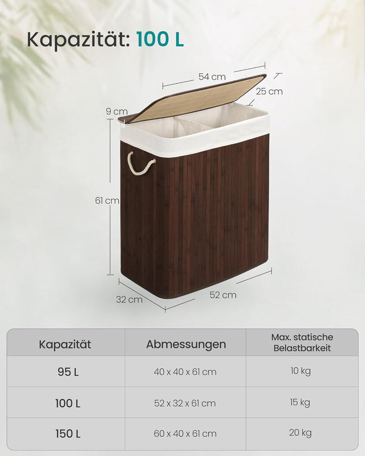 SONGMICS Wäschekorb mit Deckel, Wäschekorb aus Bambus, 2 Sortierfächer, abnehmbarer Beutel, Griffe a