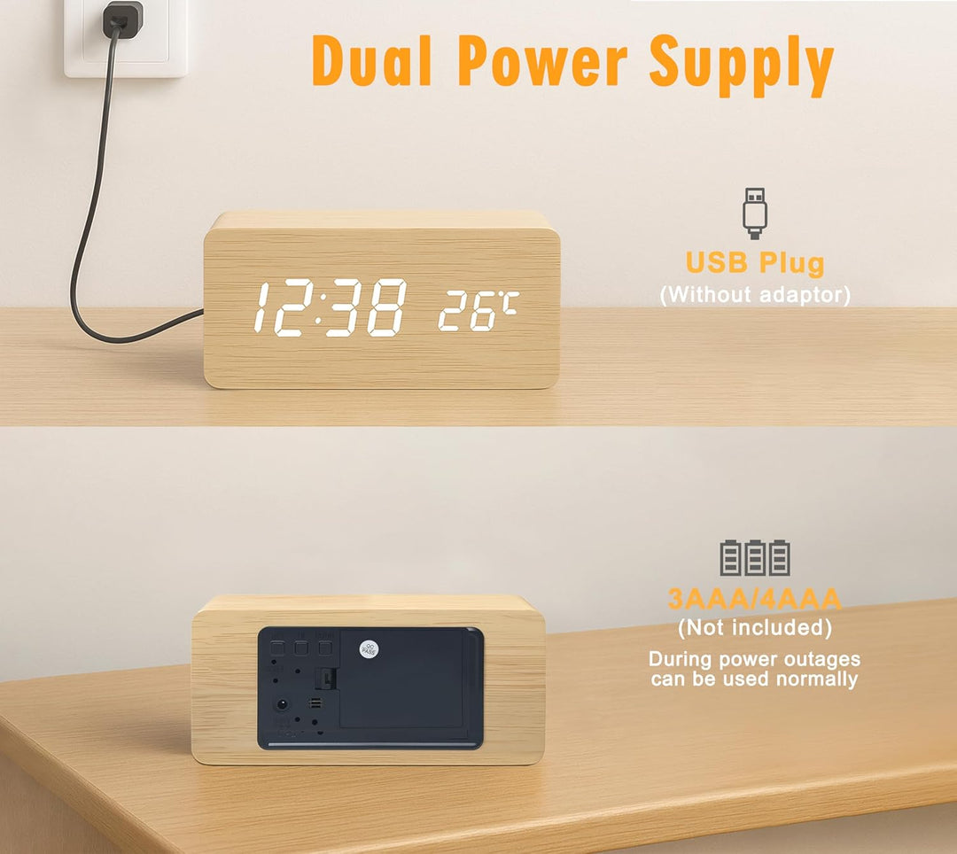 iTOMA Kleiner Holz-Wecker mit 3 Alarmen, manuellem Dimmer, 12-/24-Stunden-Format und weisser LED-Anz