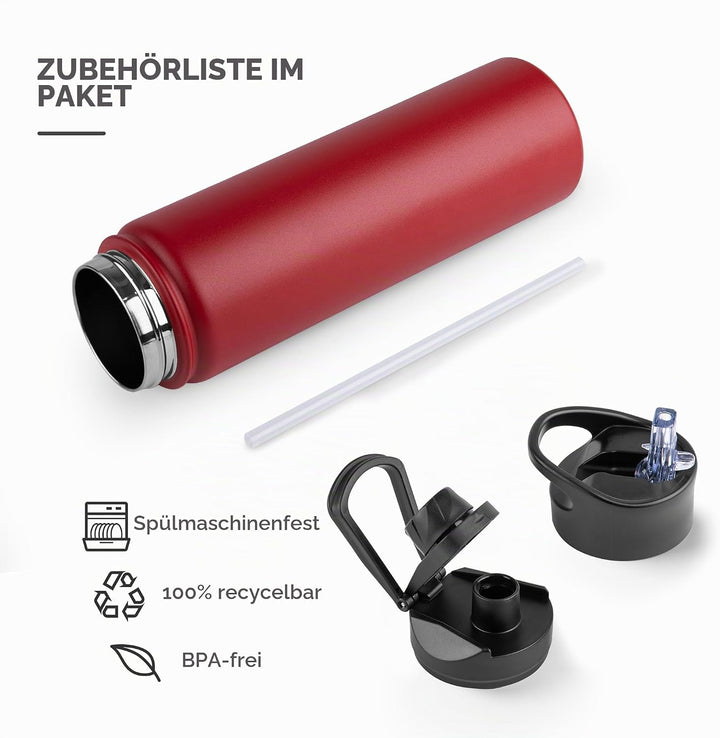 Edelstahl Trinkflasche - 750ml - mit Strohhalm,Auslaufsicher,Kohlensäure Geeignet,BPA frei Thermosfl